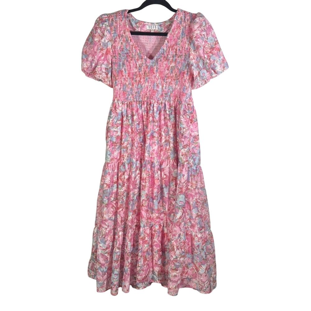 TCEC Womens L Pink Floral Smocked Midi Maxi Dress Puff Sleeve Cottagecore